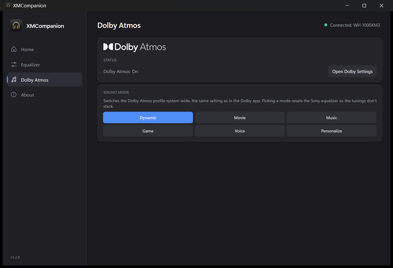 XMCompanion Dolby Atmos page with selectable sound modes