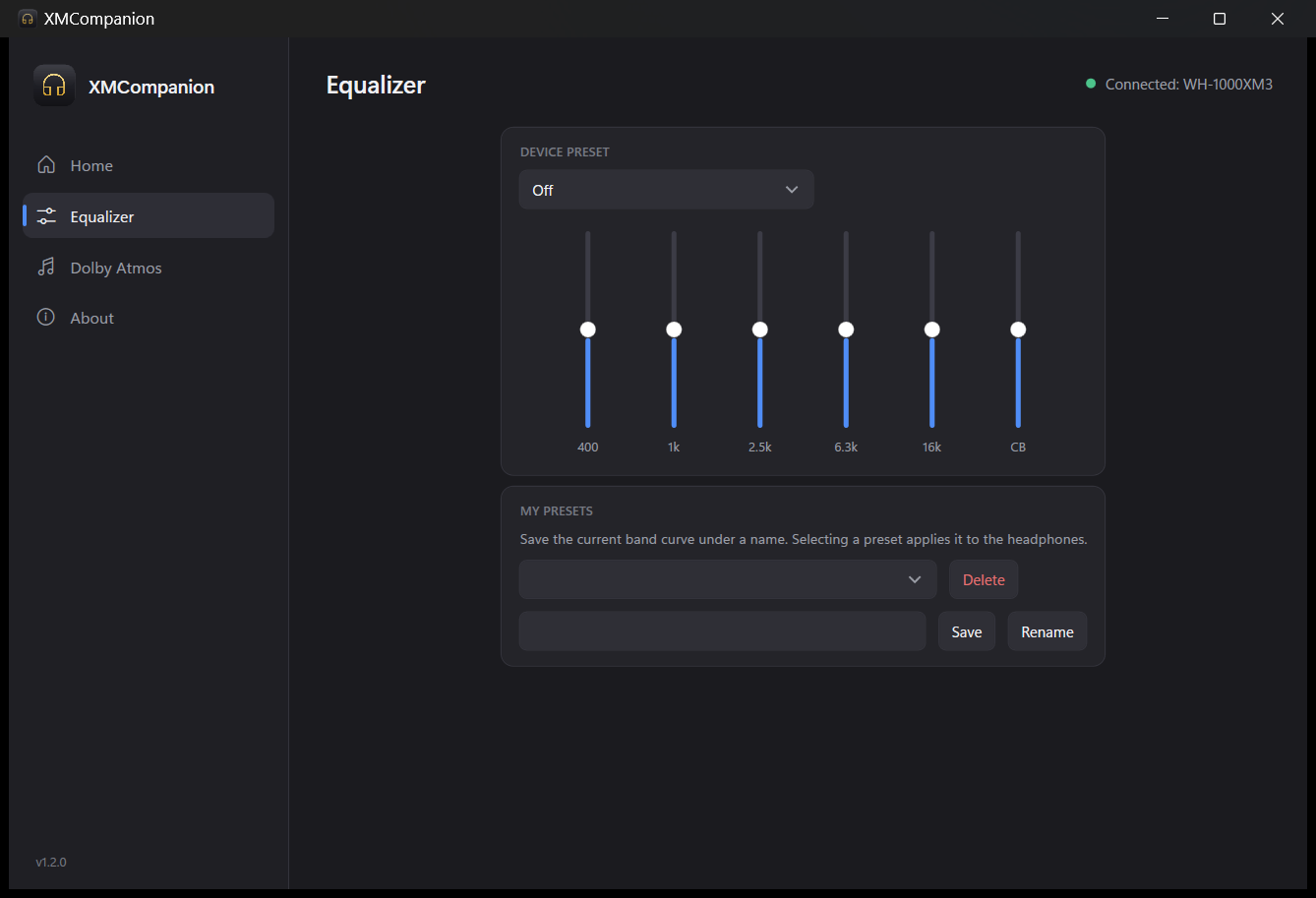 Equalizer page with six band sliders and a custom preset manager