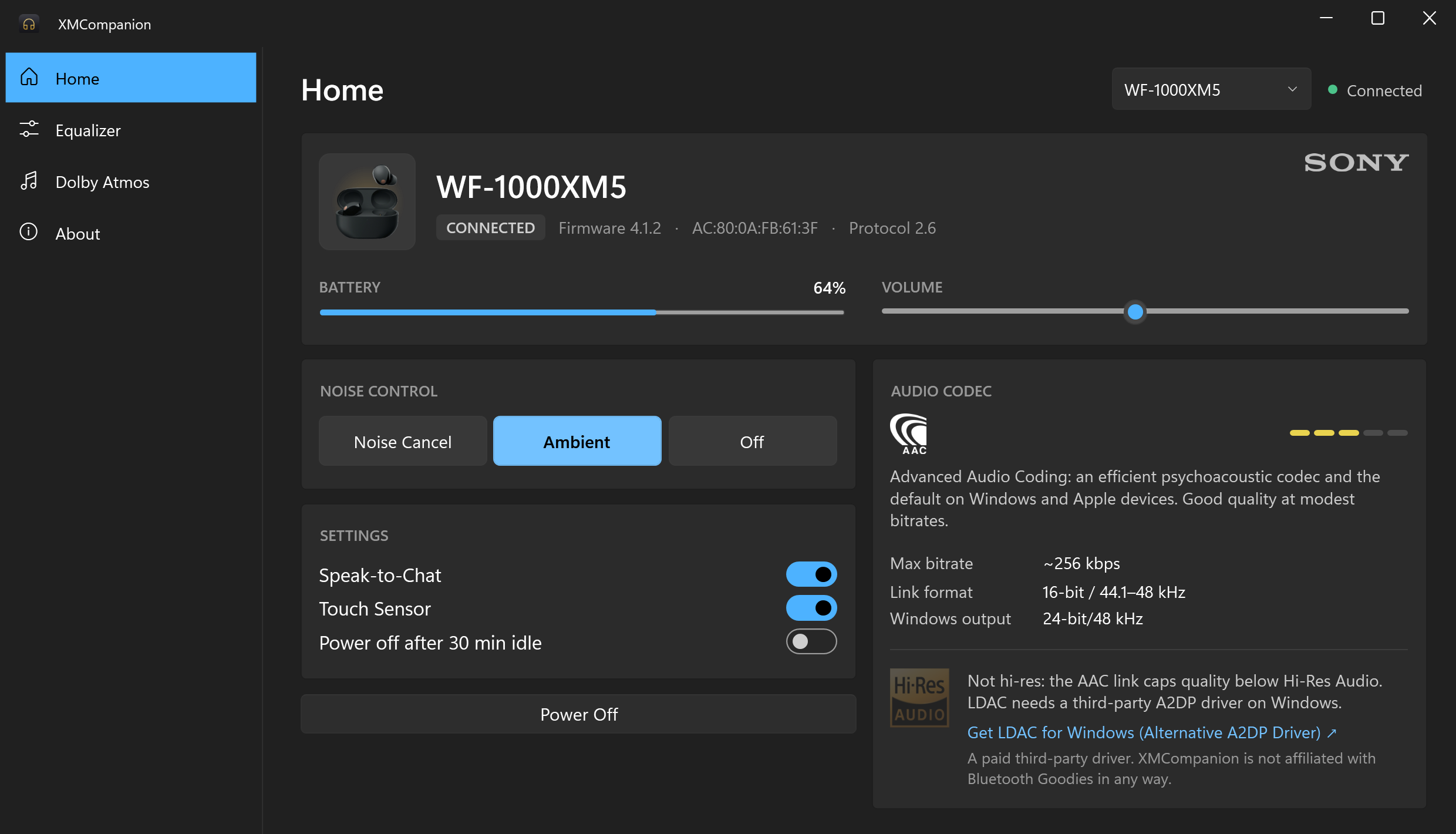 XMCompanion with WF-1000XM5 earbuds selected in the device dropdown